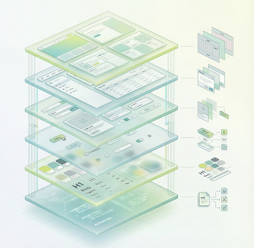 GelUI 6-layer architecture — isometric glass stack